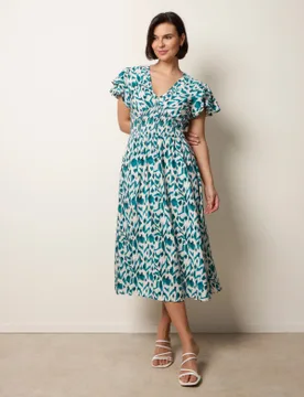 Printed V Neck Frill Sleeve Midi Dress - M / TEAL - female - Blue Vanilla - FashionsVida