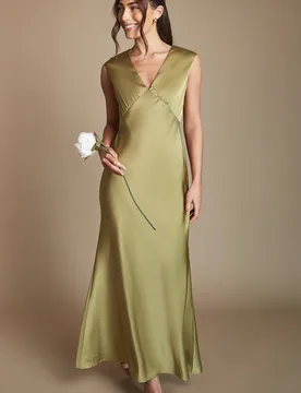 Women's Olive Satin Open Back Detail Maxi Bridesmaid Dress Size: 16 - Olive - Size: 16 - OASIS - FashionsVida