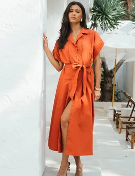 Women's Rust Cotton Button Through Belted Shirt Dress in Orange Size: 12 - Orange - Size: 12 - Gini London - FashionsVida