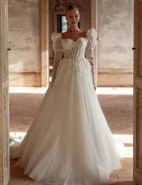 Sweetheart Wedding Dress Organza With Embroidery A-Line Floor Ball Gown Puff Sleeves Square Lace Up Robe De Mariee Customized - Aliexpress - FashionsVida