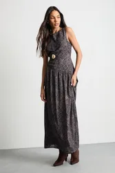 Women's Printed Dropped Waist Chiffon Tiered Maxi Dress in Brown Size: 10 - Brown - Size: 10