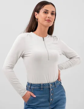 Women's Zip Front Crew Neck T-Shirt in White Size: 8 - White - Size: 8 - Enorsia - FashionsVida
