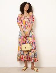 Postcard Tie Front Bardot Shirred Midi Dress - S / MULTI - female