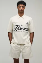 Herren Übergroßes Kurzarm-Poloshirt Und Shorts Set Mit Streifenmuster Stone Größe XL