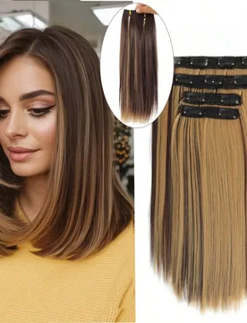 Set de 4 extensiones de cabello liso y recto de 15 pulgadas con clip, fibra de proteína mejorada, cabello sintético natural y suave para mujeres, au - Shein - FashionsVida