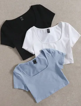 Compre 1 y llévese 2 Top informal de unicolor con cuello en V y manga corta para niña preadolescente - Shein - FashionsVida