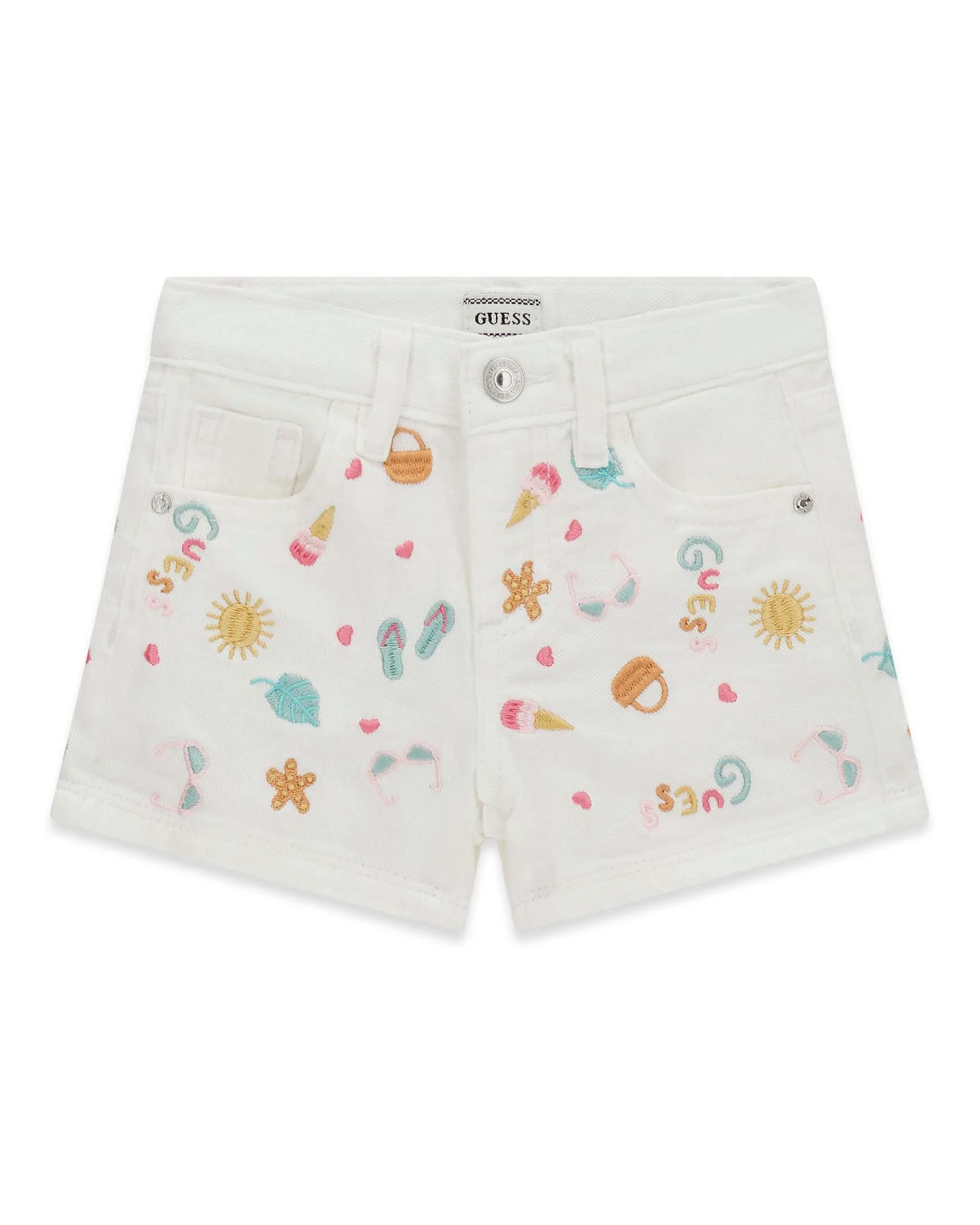 Shorts bianchi in cotone con ricami multicolore - Guess - FashionsVida