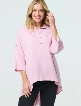 Women's Relaxed High Low 3/4 Sleeve Shirt in Pink Size: 8 - Pink - Size: 8 - Izabel London - FashionsVida