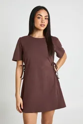 Womens Cotton Tie Up Side Detail Tshirt Dress - Chocolate - Size 8 Uk