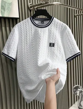 Camiseta de punto jacquard de unicolor con textura, cuello y puños acanalados, gráfico, para hombre, vacaciones - Shein - FashionsVida