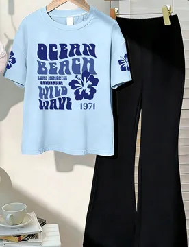 Set de 2 piezas: Blusa de manga corta con estampado floral y pantalones acampanados cómodos y casuales para verano para niñas - Shein - FashionsVida