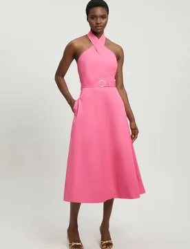 Petite Tailored Cotton Sateen Halter Full Midi Dress - Pink - Size: 6 - Karen millen - FashionsVida