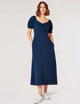 Women's Tie Detail Milkmaid Midaxi Dress in Navy Size: 12 - Navy - Size: 12 - Apricot - FashionsVida