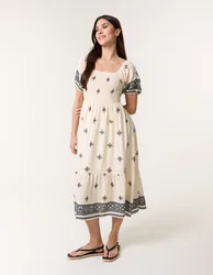 Shirred Square Neck Border Print Puff Sleeve Midi Dress - L/XL / CREAM - female