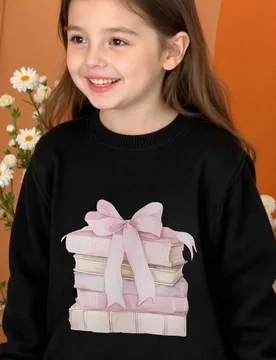 Sudadera de cuello redondo con estampado de libros y lazos, suave, lavable y versátil - uso diario casual para la temporada de regreso a clases, oto? - Shein - FashionsVida