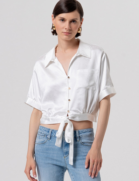 Camicia cropped in raso donna crema
