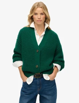Superdry Damen Grob Gestrickter Cardigan mit V-ausschnitt Green - Größe: 36 - 74.99 - FashionsVida