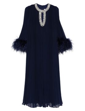 Rhinestone Neckline Pleated Chiffon Midi Dress with Ombre Feather Cuffs