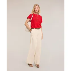 Pantalones de mujer palazzo de mezcla de lino ajuste ancho cierre frontal con botón y cremallera