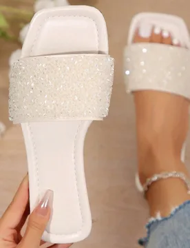 Sandalias slip-on talla grande para mujer, con punta cuadrada y plana, adecuadas para primavera y verano, vestidos elegantes, zapatillas de moda, herm - Shein - FashionsVida