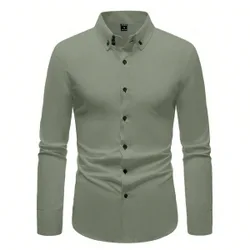 Camisa de manga larga con botones de unicolor minimalista para hombre, camisa elástica para hombre, camisa ajustada casual de negocios, formal, cerem