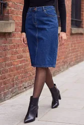 Cotton Denim Stretch A line Skirt - Indigo - Size: 18