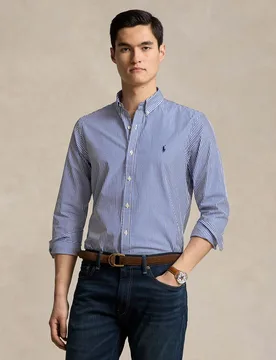 Camicia slim Polo a righe bianche e blu in popeline di cotone stretch con colletto button-down - Ralph Lauren - FashionsVida