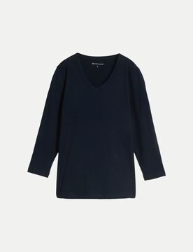 Basic Langarmshirt mit V-Ausschnitt Blau XL