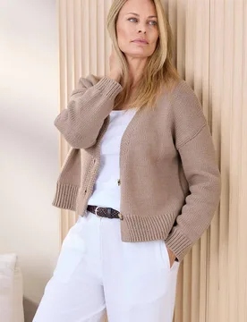 Women's Cotton Cardigan Sweater in Taupe Size: 8 - Taupe - Size: 8 - Cotton Traders - FashionsVida