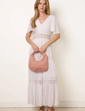 Women's Ivory V-Neck Tiered Crochet Detail Maxi Dress Size: XL - Ivory - Size: XL - Blue Vanilla - FashionsVida