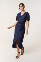 Women's Navy Short Sleeve Slip On V-neck Midi Dress Size: 18 - Navy - Size: 18