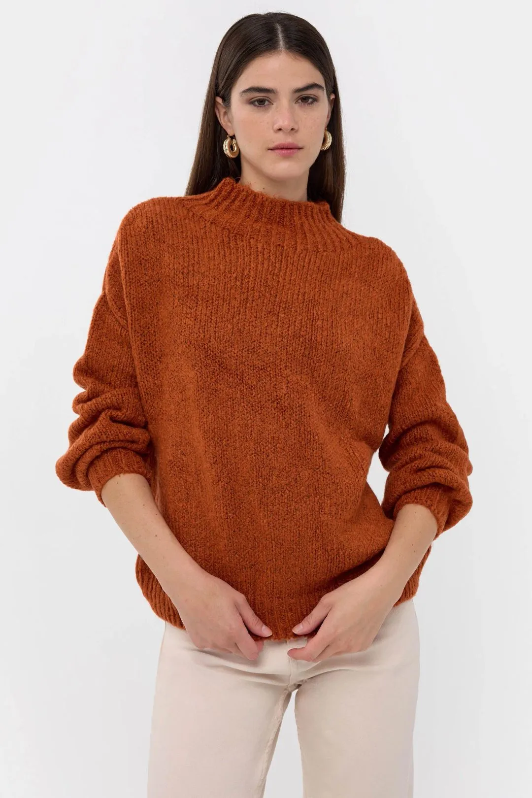 Womens Oversized High-Neck Knitted Sweater - Mocha - Size Small - Hiccup - FashionsVida