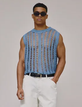Chaleco sin mangas de ganchillo con abertura, cuello redondo de punto transparente con dobladillo grueso, esencial para primavera y verano, ideal para - Shein - FashionsVida
