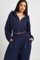 Womens Cropped Double Zip Cinched Waist Hoodie - Navy Cotton - Size Large
