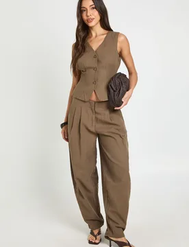 Womens Linen Look Pleated Balloon Trousers - Brown - Size 12 Uk - Boohoo - FashionsVida
