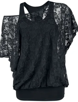 Gothic T-Shirt - 2 in 1 Spitzen Shirt - L bis 3XL - für Damen - Größe XXL - schwarz - Frauen - female - Gothicana by EMP - FashionsVida