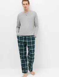 Pure Cotton Henley Check Pyjama Set Grey Mix male