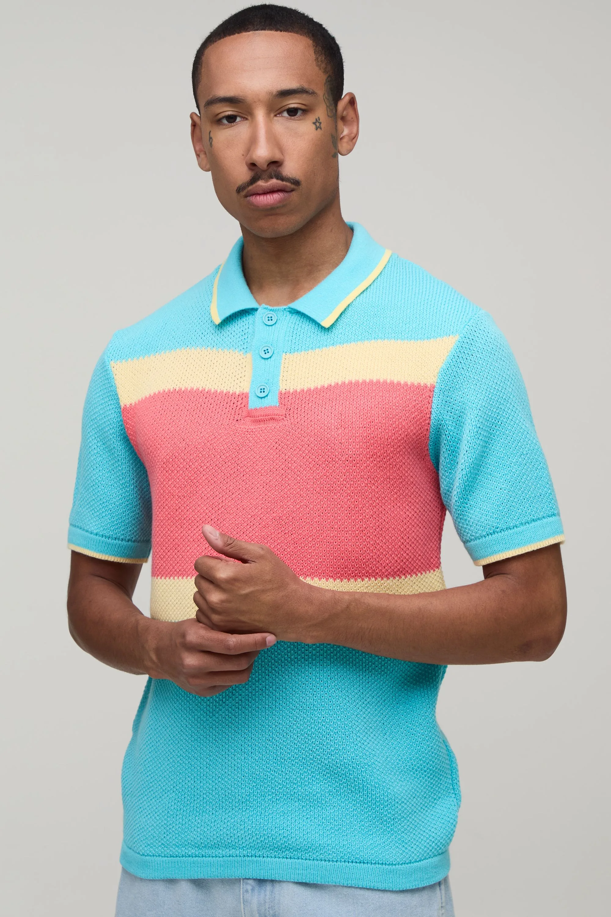 Mens Regular Colour Block Pique Knitted Polo - Blue - Size Small - boohooMAN - FashionsVida