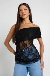 Womens One Shoulder Lace Top - Black - Size 16 Uk