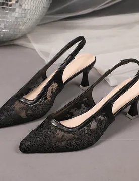 Par de sandalias de tacón alto con punta abierta para mujer de talla grande, de material de malla suave y transpirable con bordados, tacón de aguja - Shein - FashionsVida