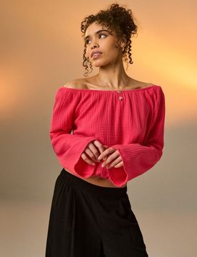 Blusa in mussola con pieghe e maniche svasate - rosa shocking