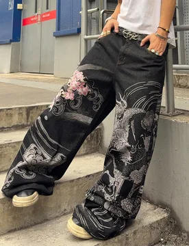Jeans de corte holgado con bordado floral y de dragón para hombre - Shein - FashionsVida