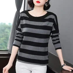 Fashion O-Neck Printing All-match Striped Tee Shirt Women's Clothing Autumn New Casual Pullovers Tops Oversized T-shirt