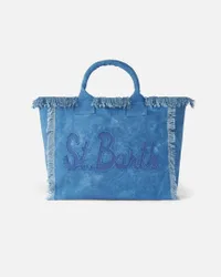 Borsa Vanity Regular in denim di cotone blu con scritto logo patch e frange