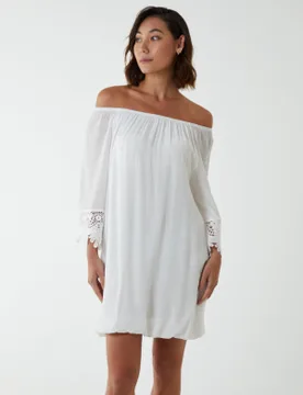 Bardot Tunic Dress With Crochet Lace Sleeves - S / IVORY - female - Blue Vanilla - FashionsVida