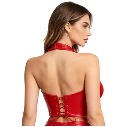 Womens Glossy PU Leather Halter Latex Crop Vest Corset Top Front Zipper Back Lace-up V Neck Crop Tops for Pole Dancing Rave