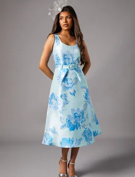Women's Petite Jacquard Full Skirted Midi Dress in Blue Size: 4 - Blue - Size: 4 - Coast - FashionsVida