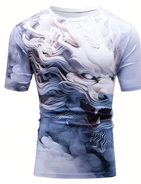 Camiseta de manga corta casual de cuello redondo con estampado de dragón chino para hombre, para salir, para el esposo - Shein - FashionsVida