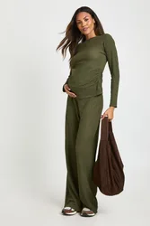 Womens Maternity Textured Long Sleeve Top & Elasticated Waist Wide Leg Trouser Co Ord - Khaki - Size 14 Uk