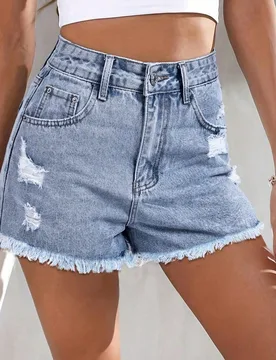 Shorts vaqueros rotos de estilo casual, elegante y de moda para adolescentes, con bolsillos, bajo deshilachado y diseño enérgico y juvenil para uso - Shein - FashionsVida